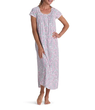 Miss Elaine Cottonessa Paisley Print Short Sleeve Round Neck Long Nightgown