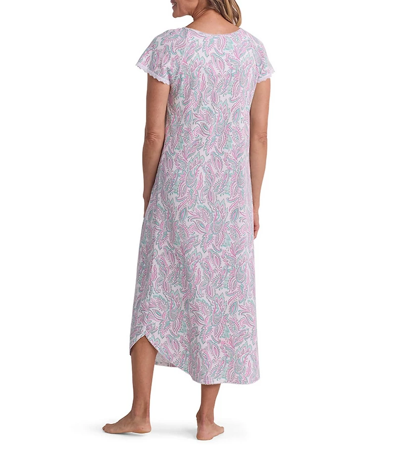 Miss Elaine Cottonessa Paisley Print Short Sleeve Round Neck Long Nightgown