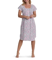 Miss Elaine Cottonessa Paisley Print Short Sleeve Round Neck Short Nightgown