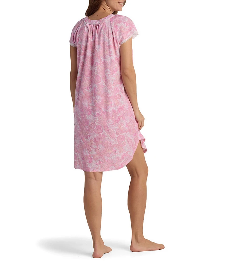 Miss Elaine Cottonessa Short Sleeve Round Neck Paisley Print Knit Nightgown