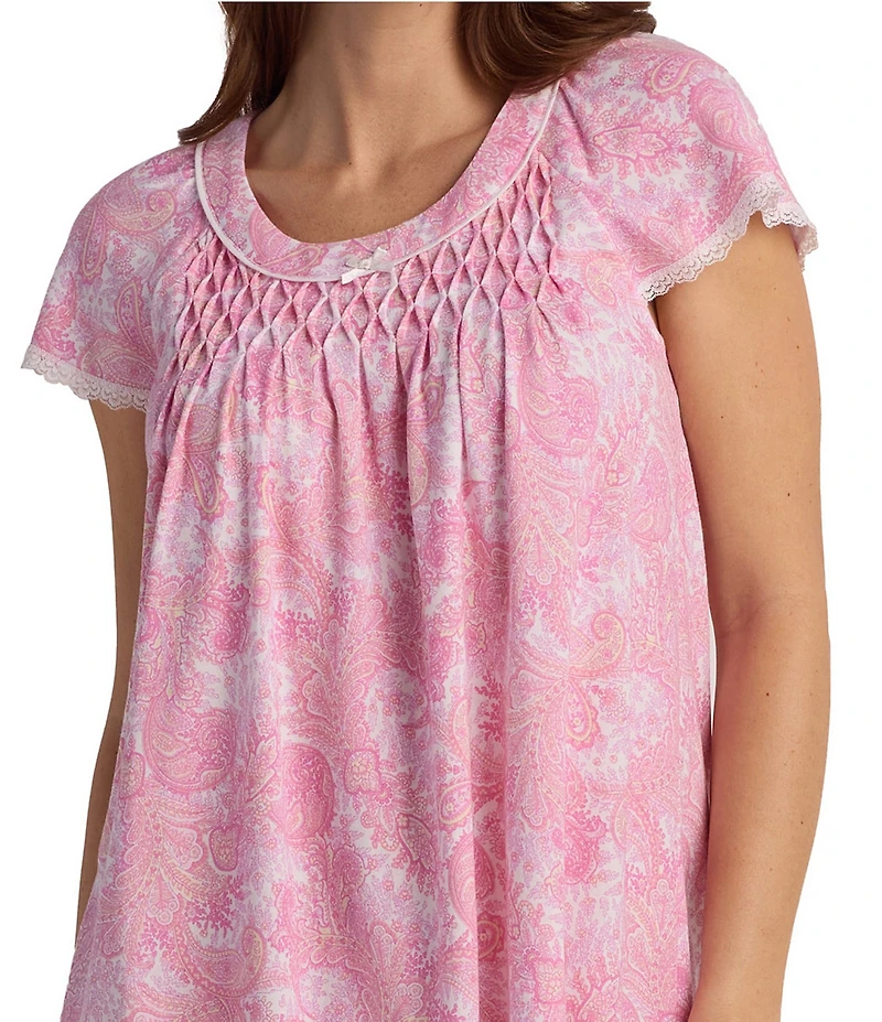 Miss Elaine Cottonessa Short Sleeve Round Neck Paisley Print Knit Nightgown