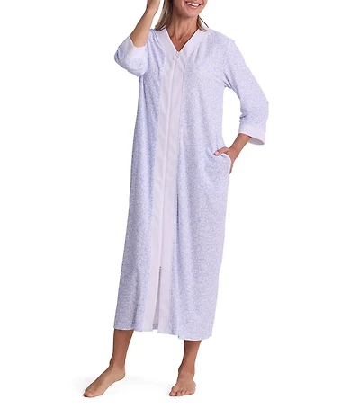 Miss Elaine Etched Floral 3/4 Sleeve V-Neck Stretch Terry Knit Long Zip Robe