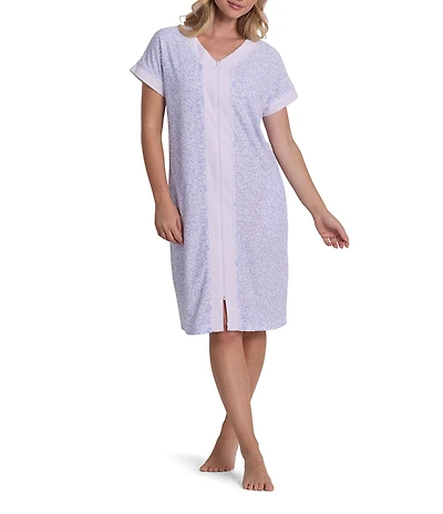 Miss Elaine Etched Floral Print Short Sleeve V-Neck Stretch Terry Knit Short Zip Robe