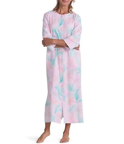 Miss Elaine Feather Print 3/4 Sleeve Round Neck Interlock Knit Long Zip Robe