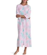 Miss Elaine Feather Print 3/4 Sleeve Round Neck Interlock Knit Long Zip Robe