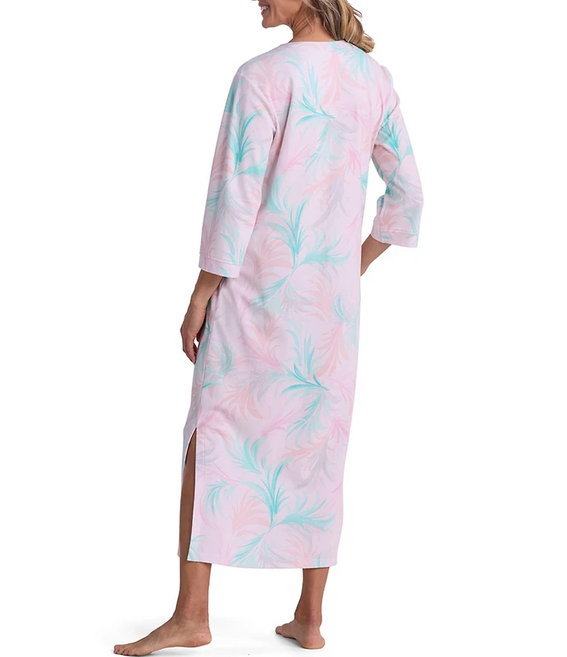 Miss Elaine Feather Print 3/4 Sleeve Round Neck Interlock Knit Long Zip Robe