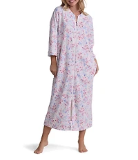 Miss Elaine Floral Print 3/4 Sleeve Round Neck Terry Knit Long Zip Robe