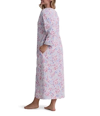 Miss Elaine Floral Print 3/4 Sleeve Round Neck Terry Knit Long Zip Robe