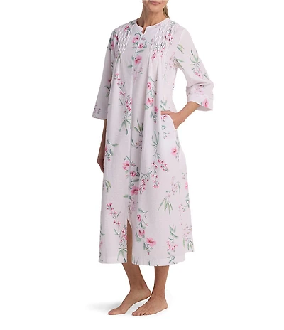 Miss Elaine Floral Print 3/4 Sleeve Seersucker Long Zip-Front Robe