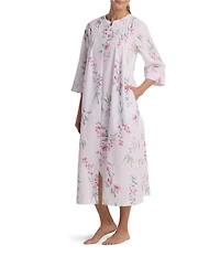Miss Elaine Floral Print 3/4 Sleeve Seersucker Long Zip-Front Robe