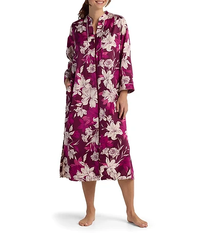 Miss Elaine Floral Print Long Sleeve Mandarin Collar Brushed Back Satin Woven Long Zip Robe