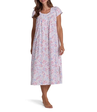 Miss Elaine Floral Print Silky Knit Short Sleeve Scoop Neck Long Nightgown