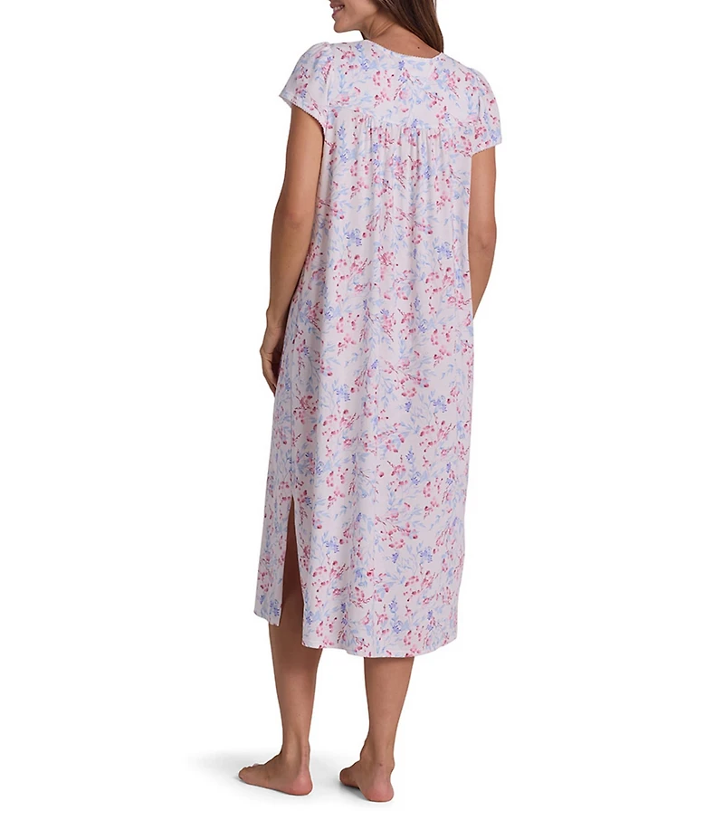 Miss Elaine Floral Print Silky Knit Short Sleeve Scoop Neck Long Nightgown