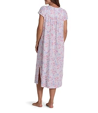 Miss Elaine Floral Print Silky Knit Short Sleeve Scoop Neck Long Nightgown