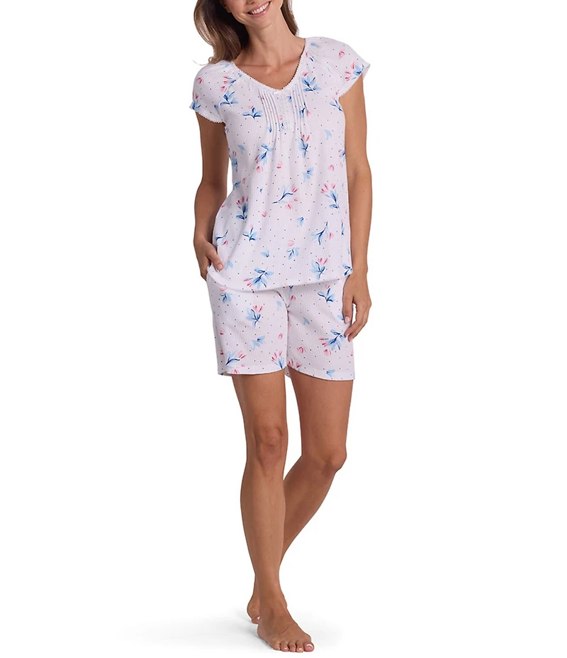Miss Elaine Floral Stems Print Short Sleeve V-Neck Silky Knit Shorty Pajama Set