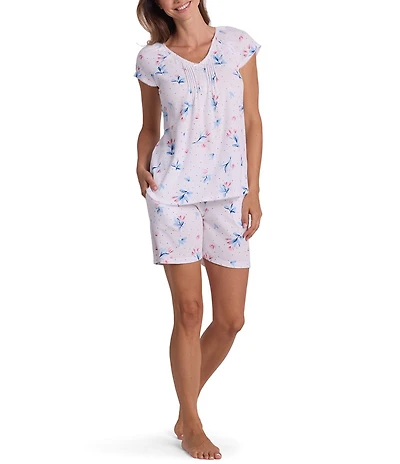 Miss Elaine Floral Stems Print Short Sleeve V-Neck Silky Knit Shorty Pajama Set