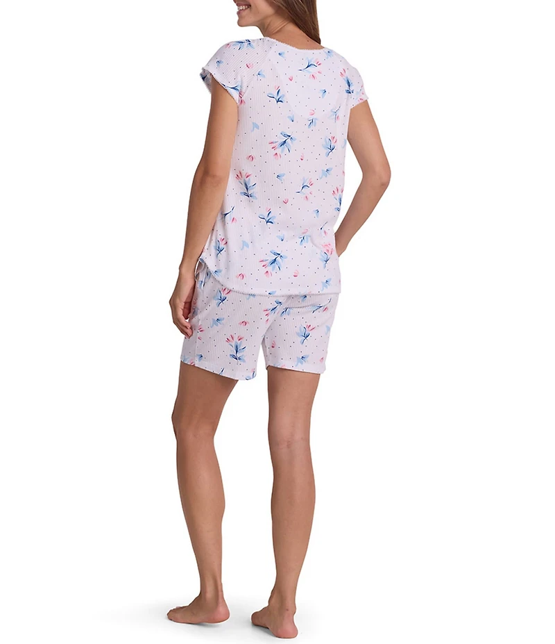 Miss Elaine Floral Stems Print Short Sleeve V-Neck Silky Knit Shorty Pajama Set