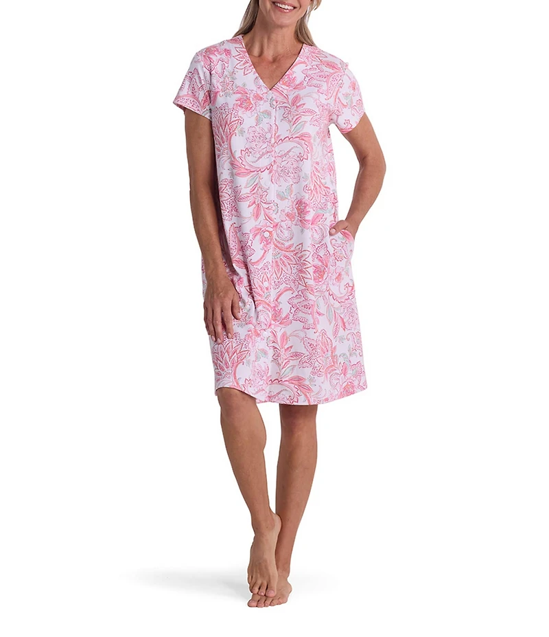 Miss Elaine Floral Tapestry Interlock Knit Short Sleeve V Neck Short Snap Robe