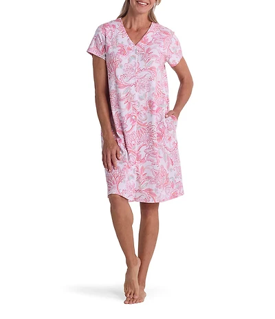 Miss Elaine Floral Tapestry Interlock Knit Short Sleeve V Neck Short Snap Robe