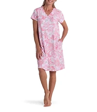 Miss Elaine Floral Tapestry Interlock Knit Short Sleeve V Neck Short Snap Robe
