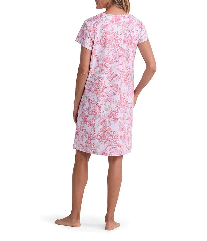 Miss Elaine Floral Tapestry Interlock Knit Short Sleeve V Neck Short Snap Robe