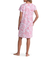 Miss Elaine Floral Tapestry Interlock Knit Short Sleeve V Neck Short Snap Robe