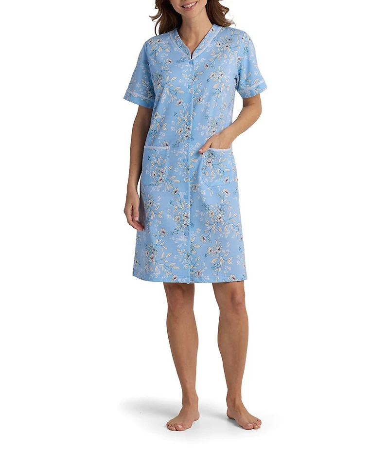 Miss Elaine French Terry Knit Floral Print Short Sleeve Snap-Front Short Robe