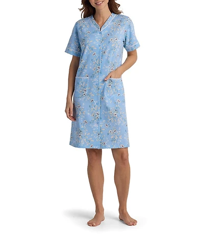 Miss Elaine French Terry Knit Floral Print Short Sleeve Snap-Front Short Robe