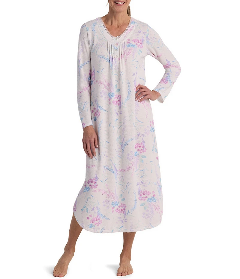 Miss Elaine Honeycomb Knit Long Sleeve V-Neck Long Nightgown