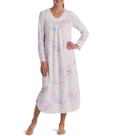 Miss Elaine Honeycomb Knit Long Sleeve V-Neck Long Nightgown
