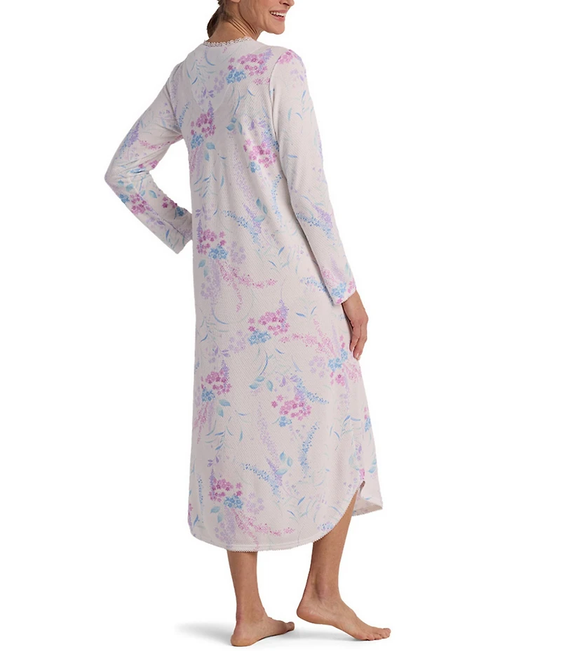 Miss Elaine Honeycomb Knit Long Sleeve V-Neck Long Nightgown