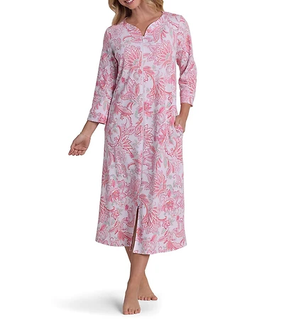 Miss Elaine Interlock Knit Floral Tapestry Print 3/4 Sleeve V-Neck Long Zip Robe