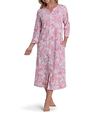 Miss Elaine Interlock Knit Floral Tapestry Print 3/4 Sleeve V-Neck Long Zip Robe