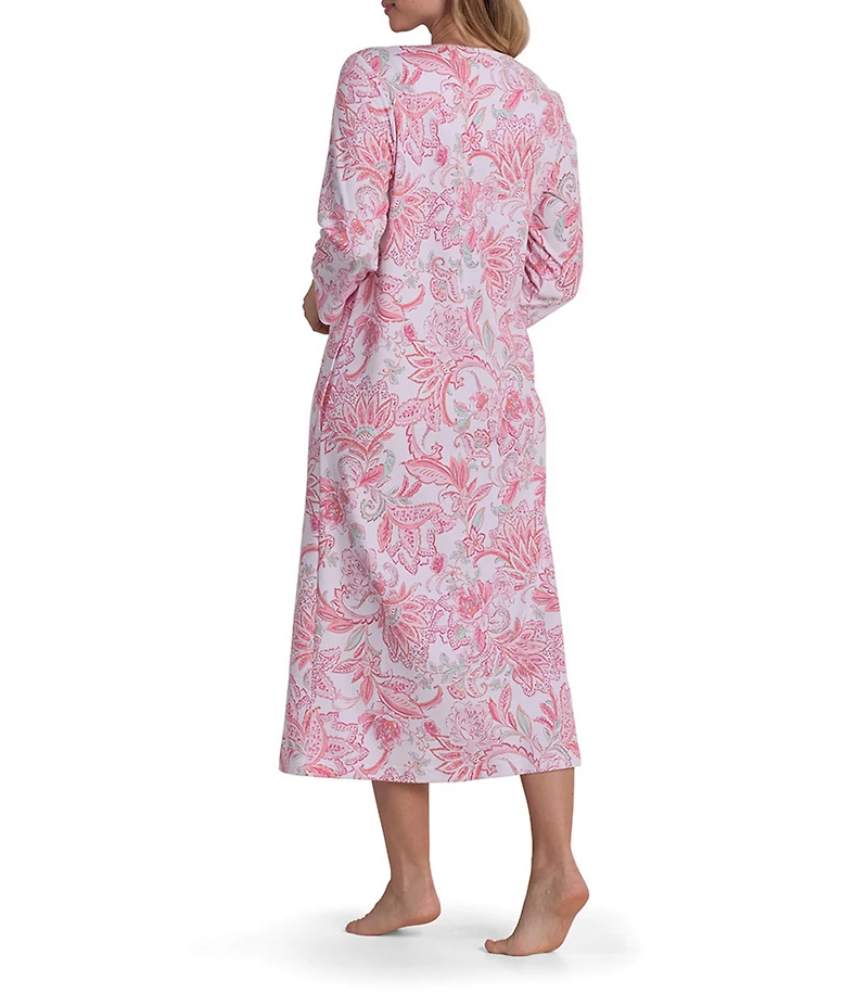 Miss Elaine Interlock Knit Floral Tapestry Print 3/4 Sleeve V-Neck Long Zip Robe