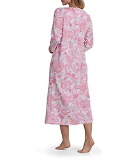 Miss Elaine Interlock Knit Floral Tapestry Print 3/4 Sleeve V-Neck Long Zip Robe