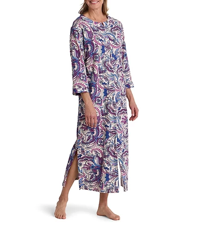 Miss Elaine Interlock Knit Paisley Print Long Sleeve Round Neck Long Zip Robe