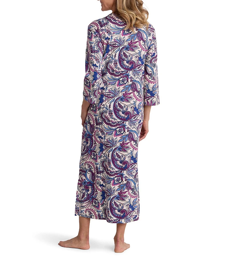 Miss Elaine Interlock Knit Paisley Print Long Sleeve Round Neck Long Zip Robe