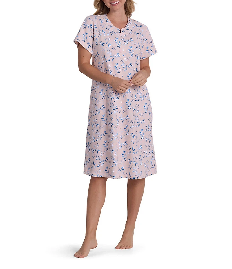 Miss Elaine Leaves Print Short Sleeve Round Neck French Terry Short Snap Robe
