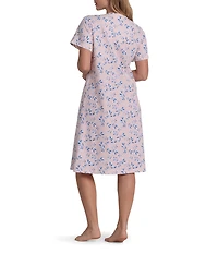 Miss Elaine Leaves Print Short Sleeve Round Neck French Terry Short Snap Robe