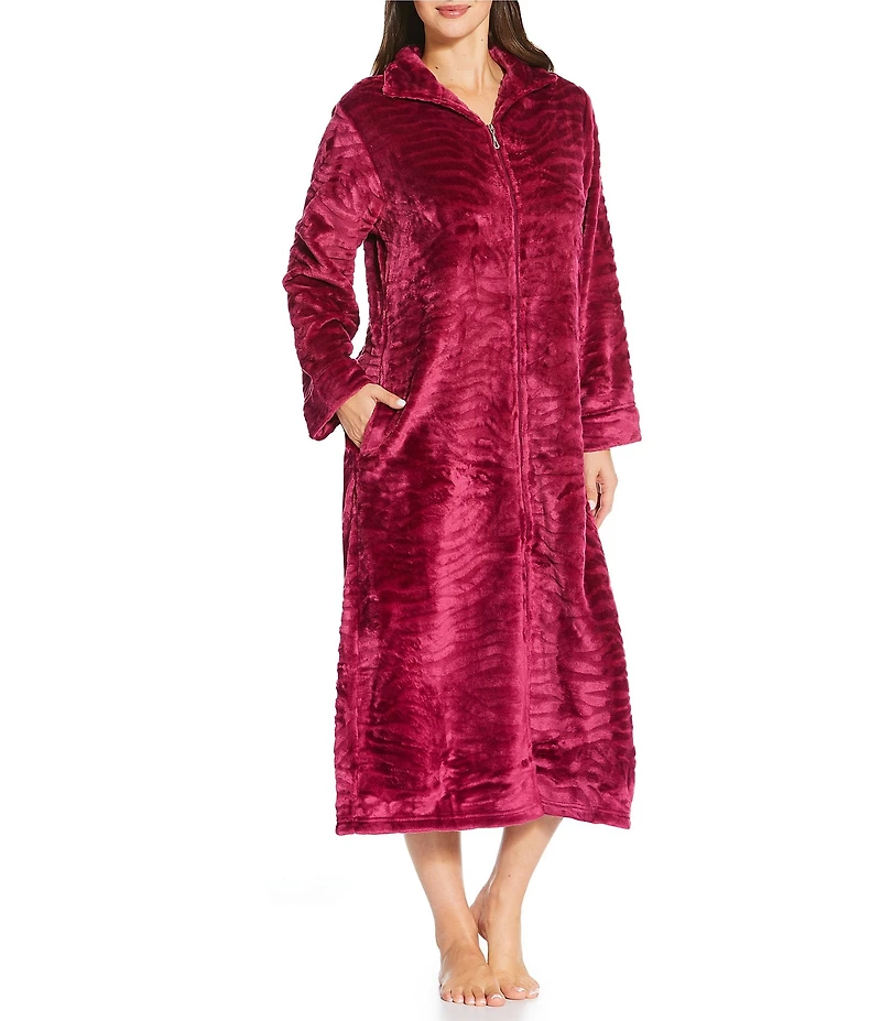Miss Elaine Long Sleeve Collared Neck Fleece Long Zip-Front Robe