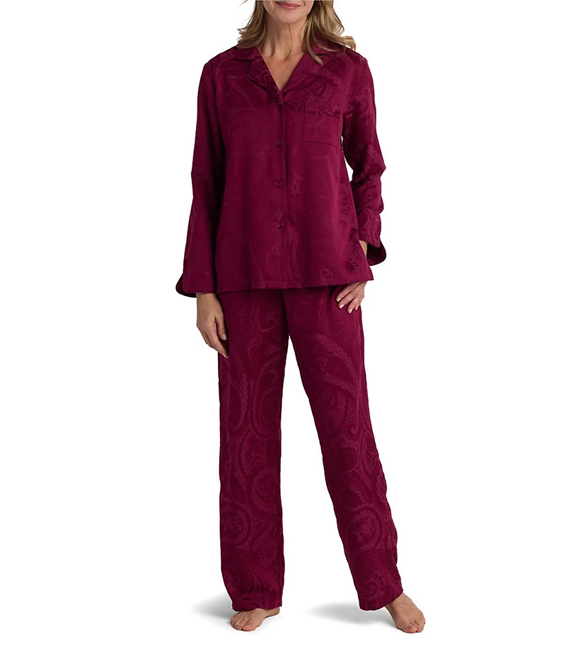Miss Elaine Long Sleeve Notch Collar Brushed Back Satin Long Pajama Set