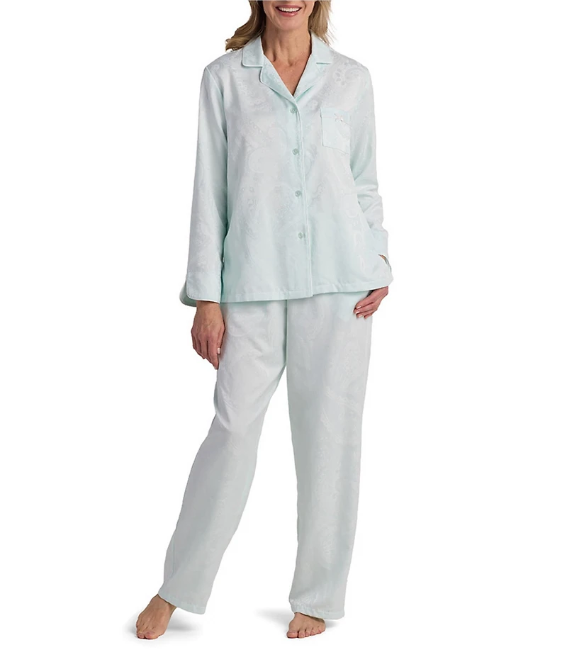 Miss Elaine Long Sleeve Notch Collar Brushed Back Satin Long Pajama Set