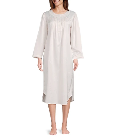 Miss Elaine Long Sleeve Round Neck Brushed Back Satin Woven Jacquard Long Nightgown