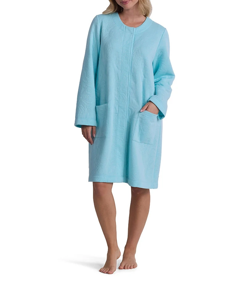 Miss Elaine Long Sleeve Round Neck Short Quilt-In-Knit Snap-Front Robe