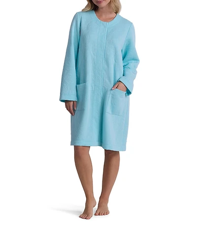 Miss Elaine Long Sleeve Round Neck Short Quilt-In-Knit Snap-Front Robe