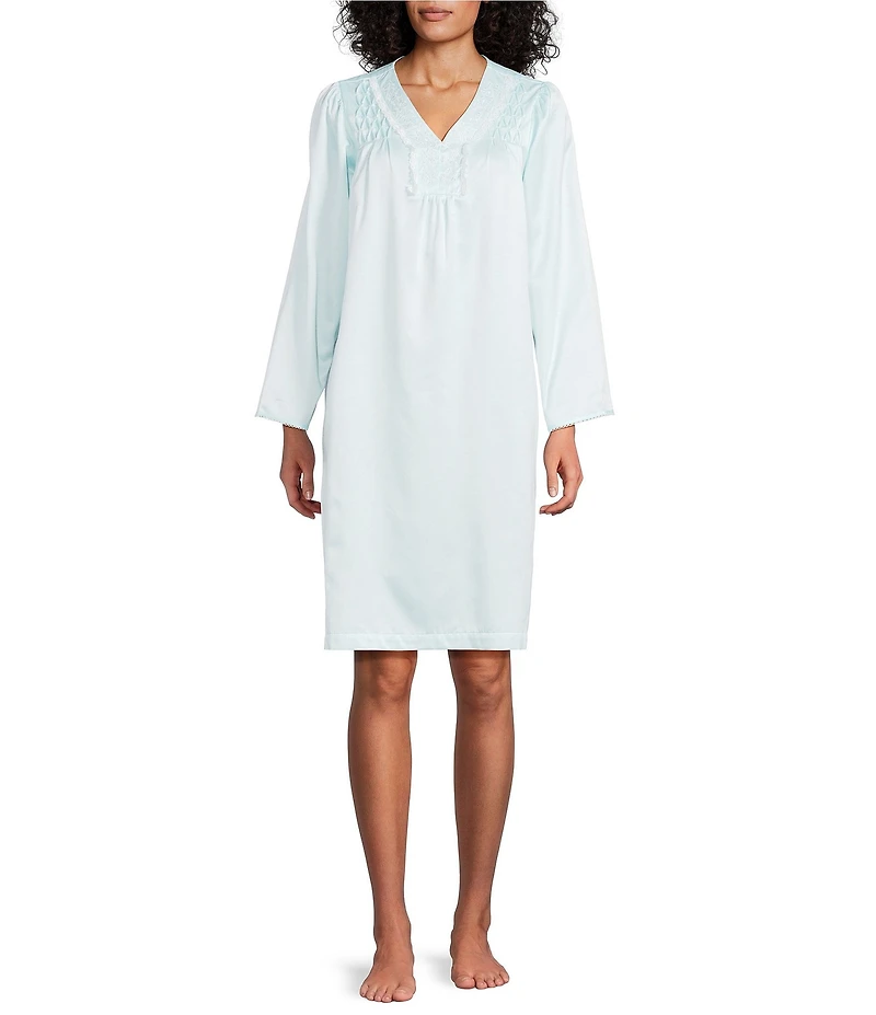Miss Elaine Long Sleeve V-Neck Brushed Back Satin Short Nightgown