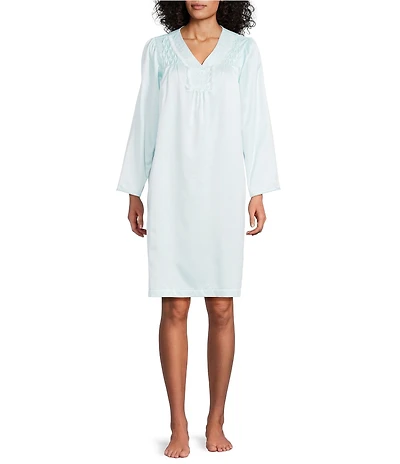 Miss Elaine Long Sleeve V-Neck Brushed Back Satin Short Nightgown