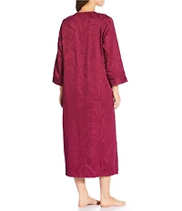 Miss Elaine Long Sleeve V-Neck Brushed Back Satin Woven Jacquard Long Zip Robe