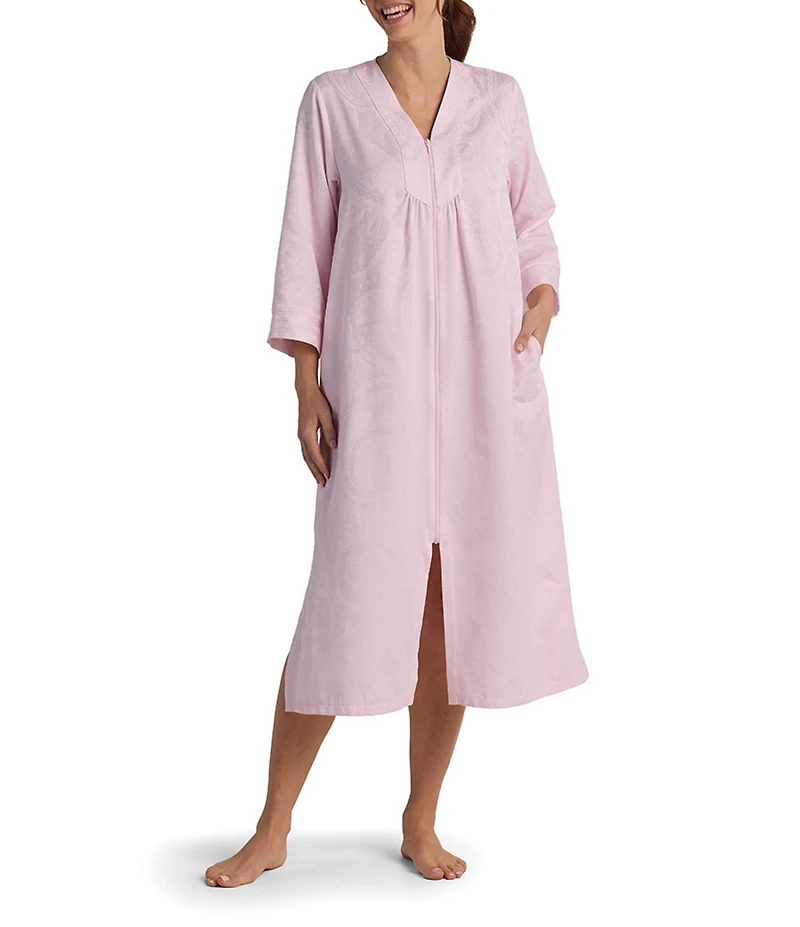 Miss Elaine Long Sleeve V-Neck Brushed Back Satin Woven Jacquard Long Zip Robe