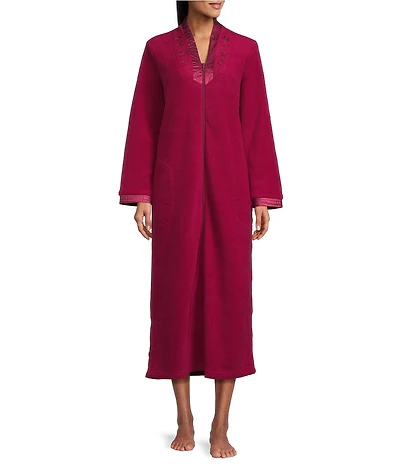 Miss Elaine Long Sleeve V Neck Micro Fleece Long Zip Robe